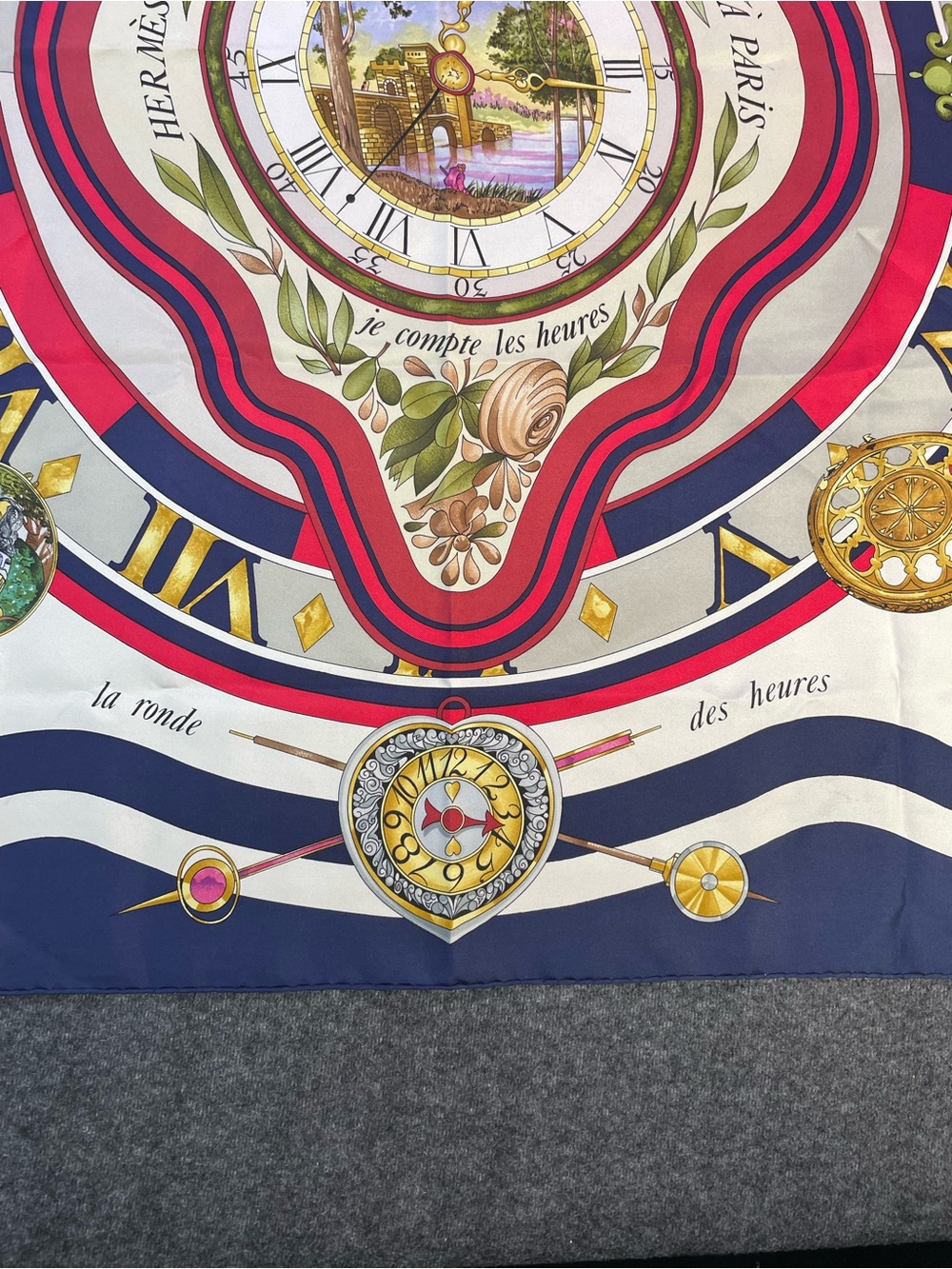 Hermes Multicolor Silk Scarf with Navy, Red, White and Gold Accents - Picture 3 of 16